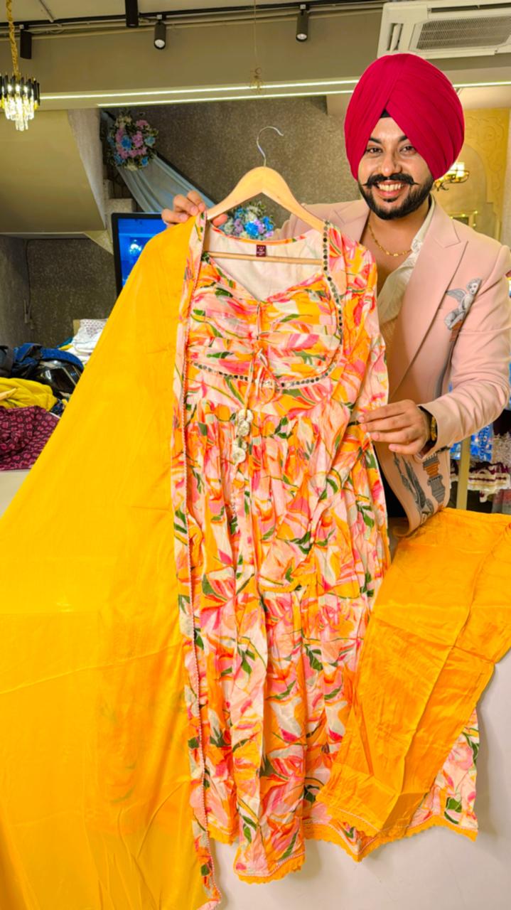 Sun Yellow Chinon paded Anarkali Suit