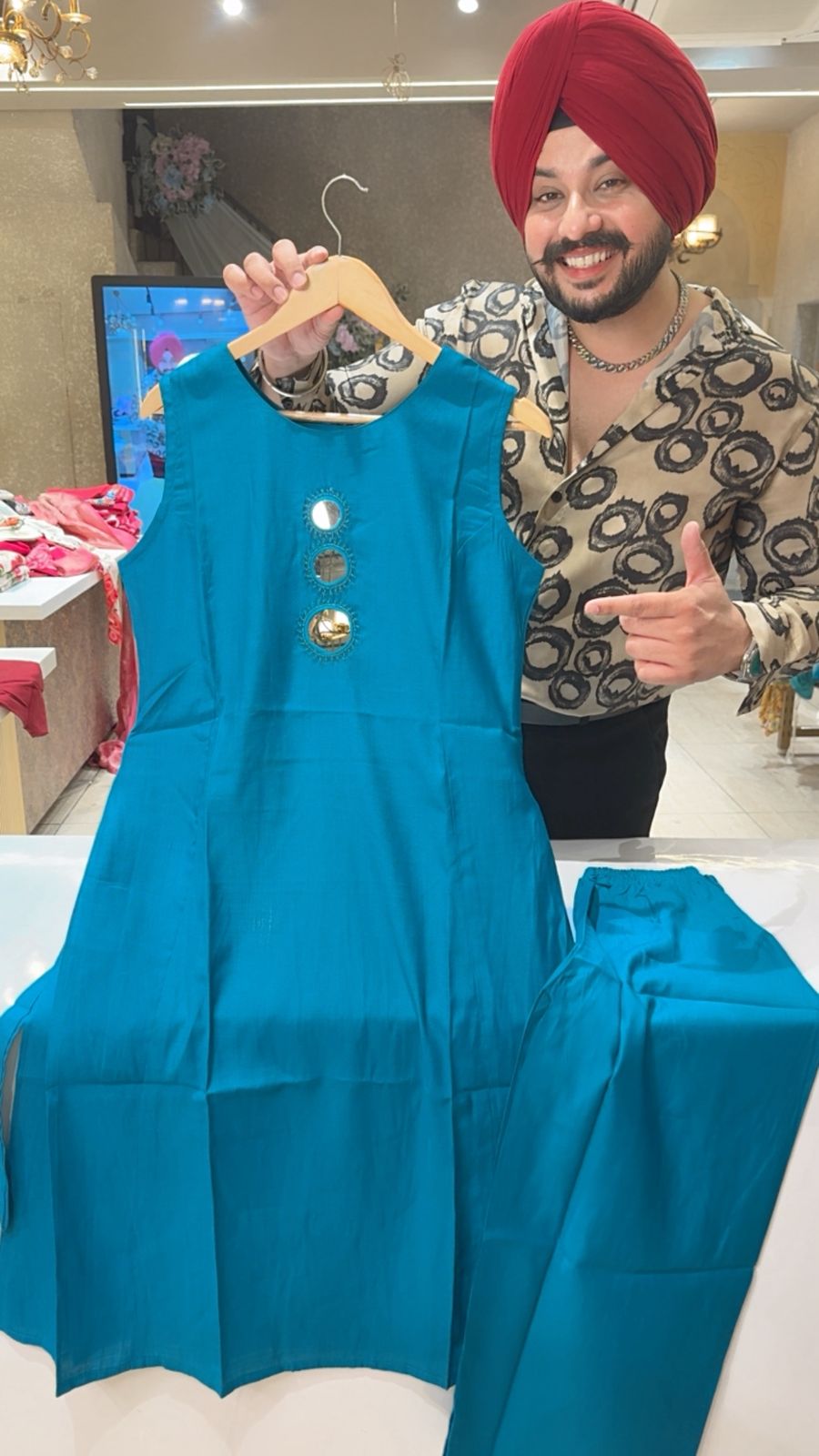 Rama blue Mirror work Long Length Cut sleeves Coord set