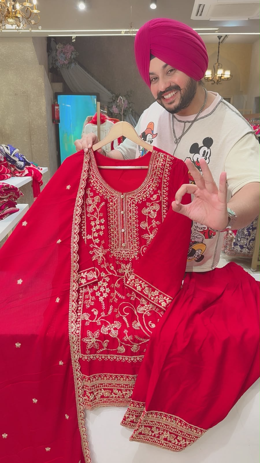 Red Chinon Fully embroidered Farshi Salwar Suits