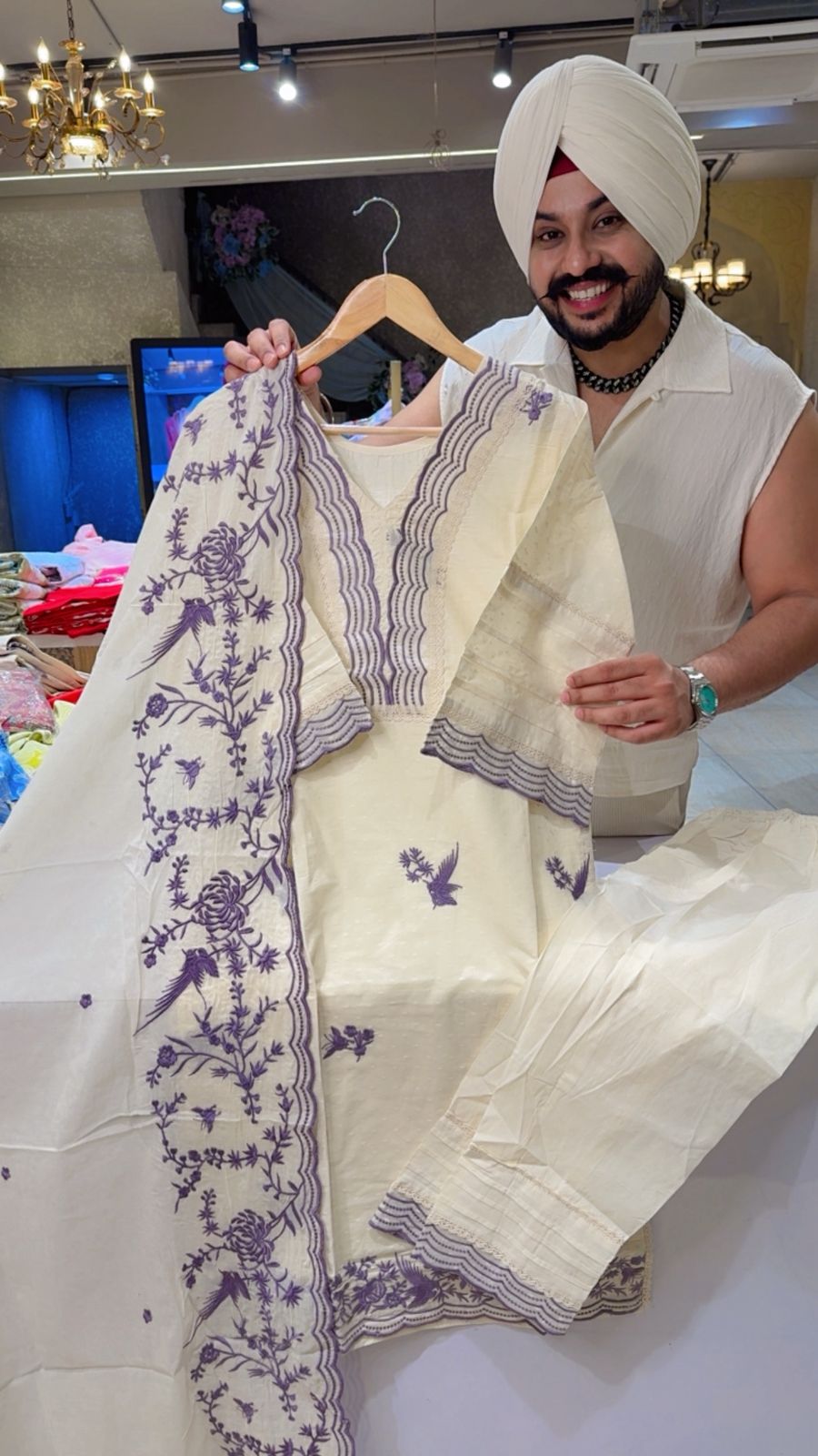 Off white & Light Purple Kora Cotton Summerish Royal suits With Beautiful embroidery on It