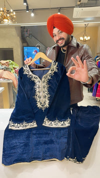 Teel Blue Strechable Velvet long Length A-line Coord set with Heavy embroidered & sequins Work Short Jacket