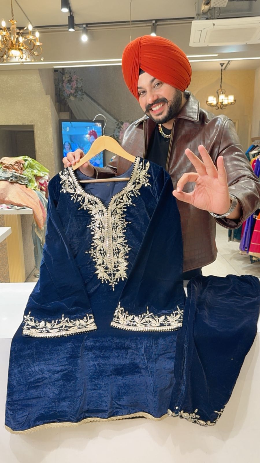 Navy Blue Mirror & Gotta Work Kashmiri Velvet Coord set