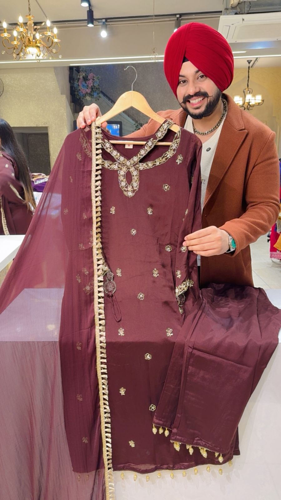 Dark brown Chinon Heavy Handwork Designer Neck & Ring Straight suit with Beautiful Duppata