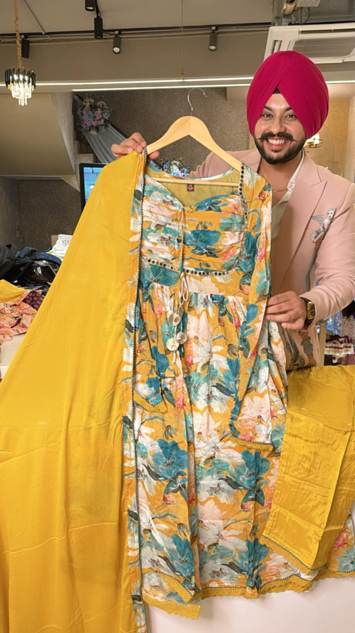 Mustard Yellow Chinon paded Anarkali Suit